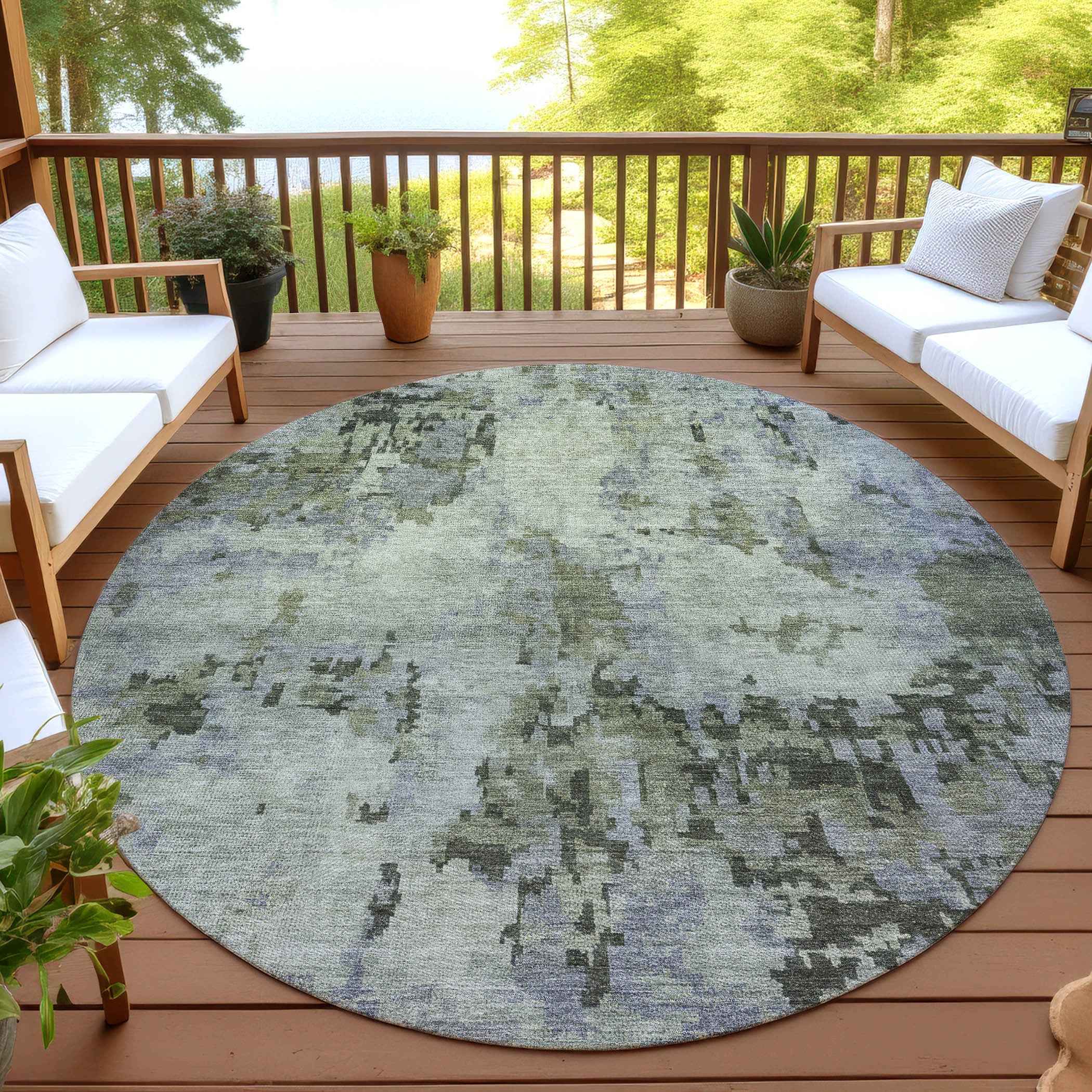 8' Green And Gray Round Abstract Washable Indoor Outdoor Area Rug