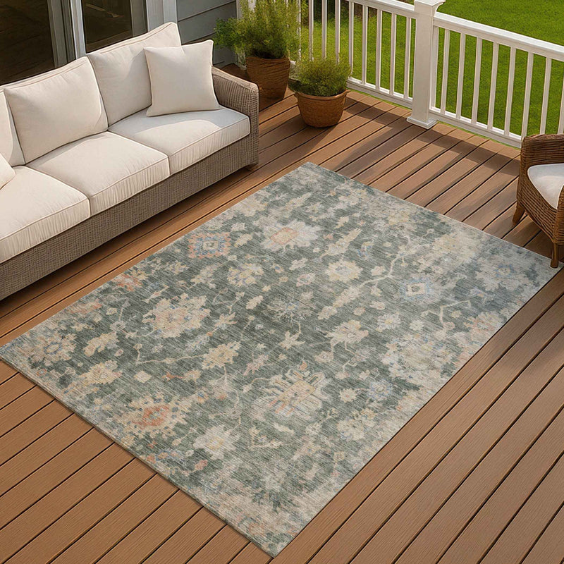5' X 8' Artichoke Green Beige And Rust Floral Washable Indoor Outdoor Area Rug