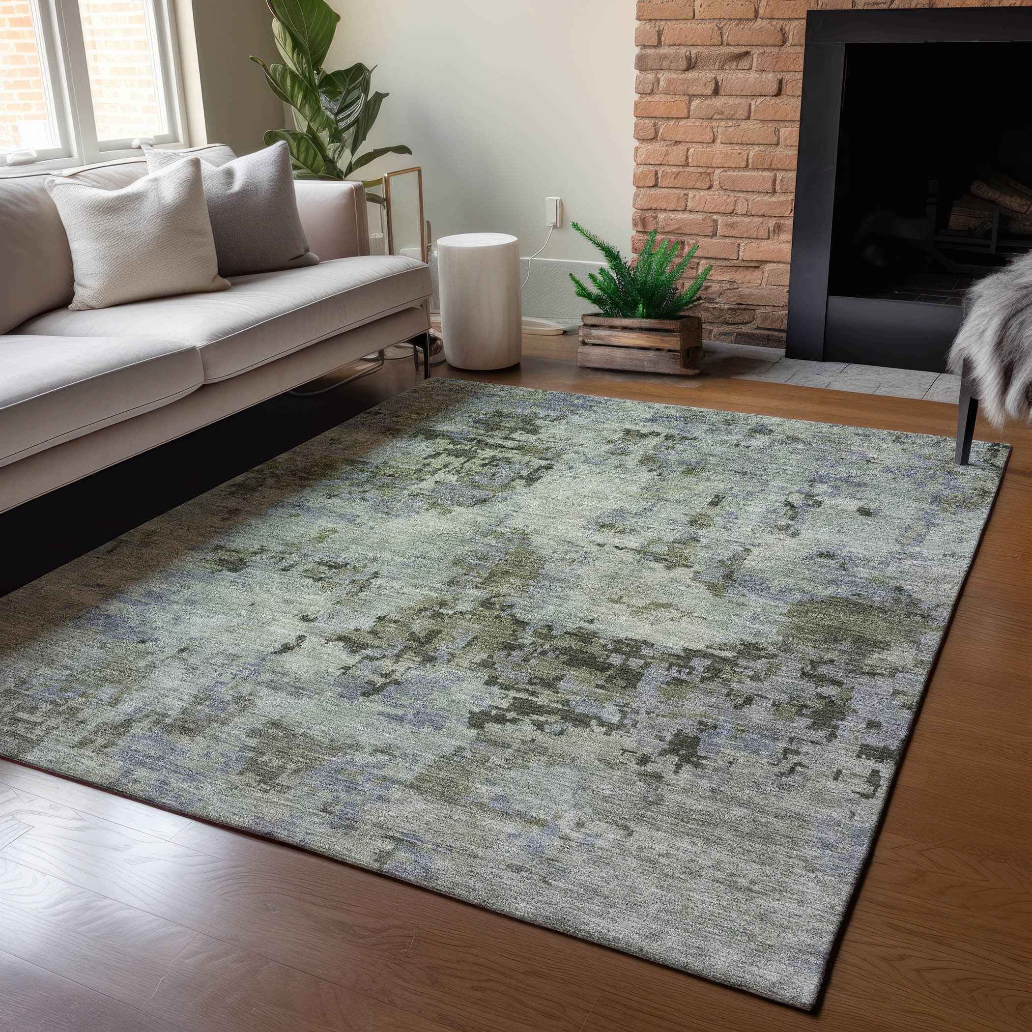 3' X 5' Green And Gray Abstract Washable Indoor Outdoor Area Rug