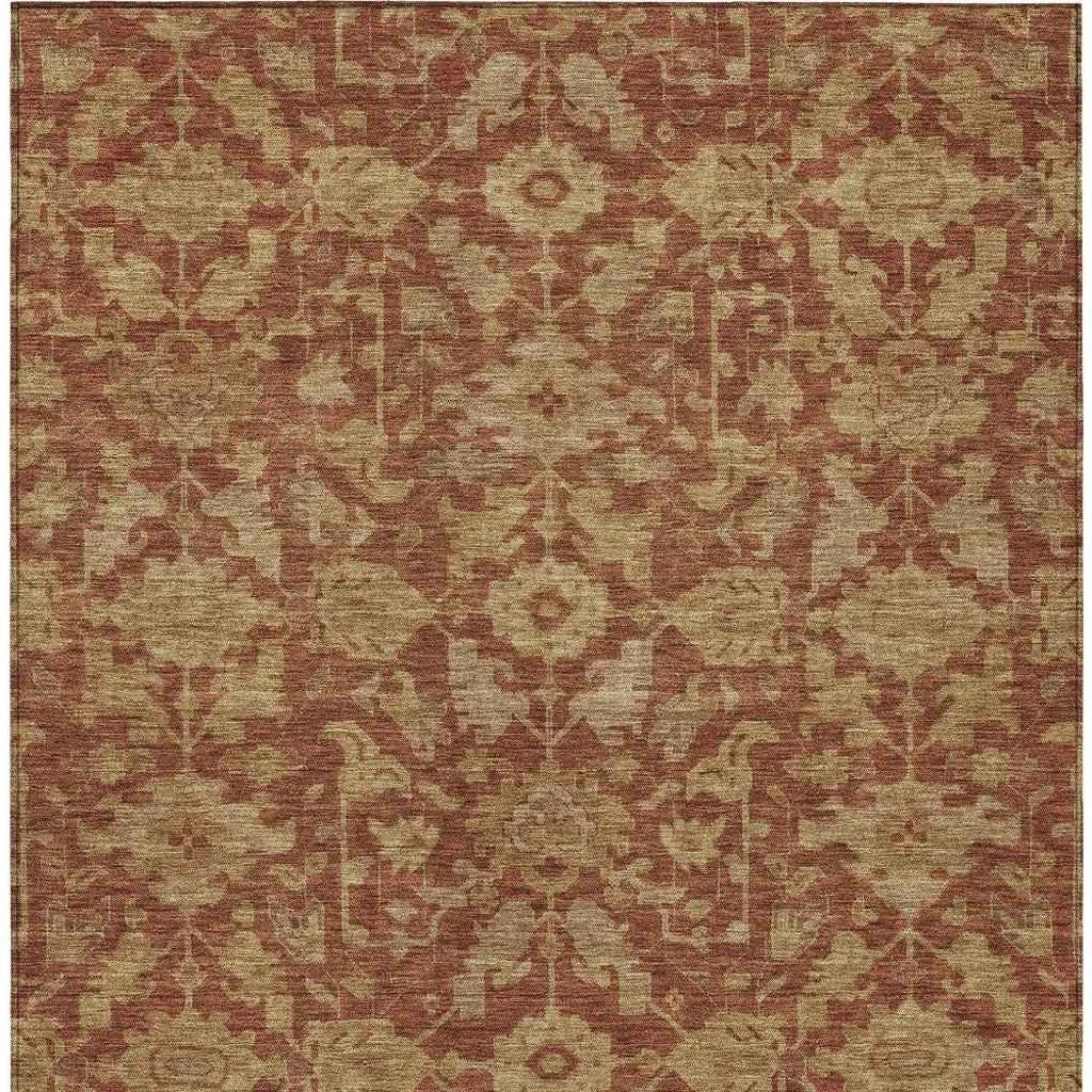 5' X 8' Rust And Beige Floral Washable Indoor Outdoor Area Rug