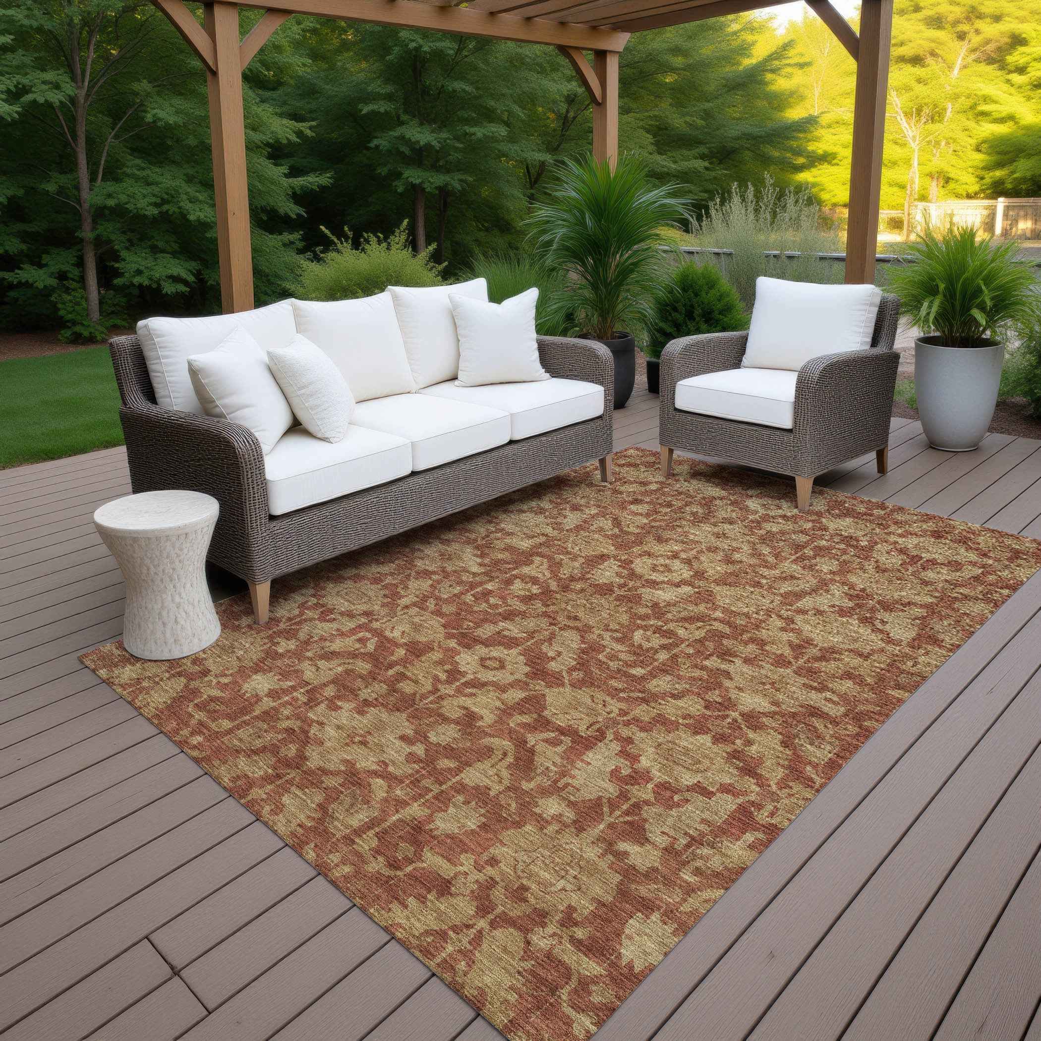 5' X 8' Rust And Beige Floral Washable Indoor Outdoor Area Rug