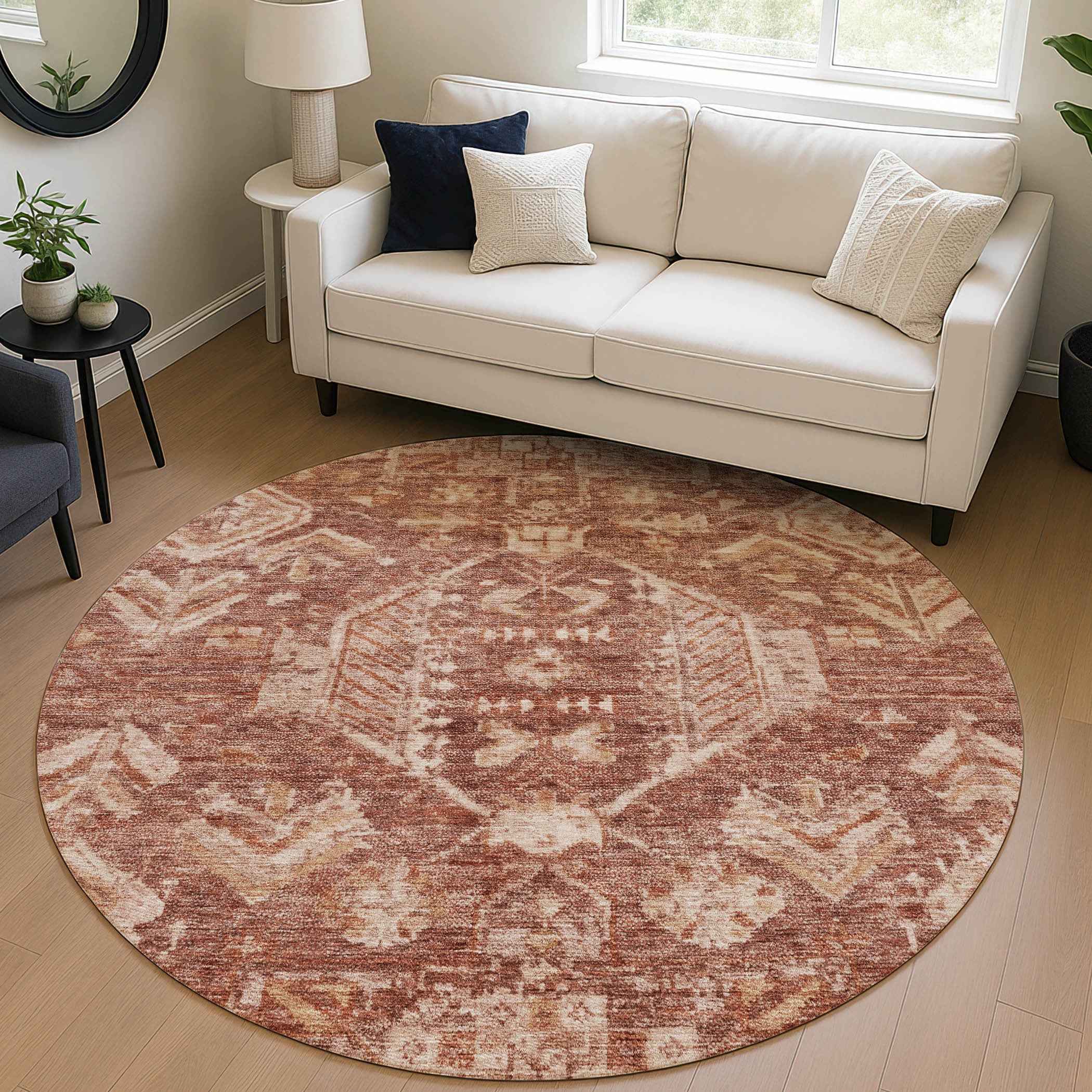 8' Rust And Beige Round Medallion Washable Indoor Outdoor Area Rug