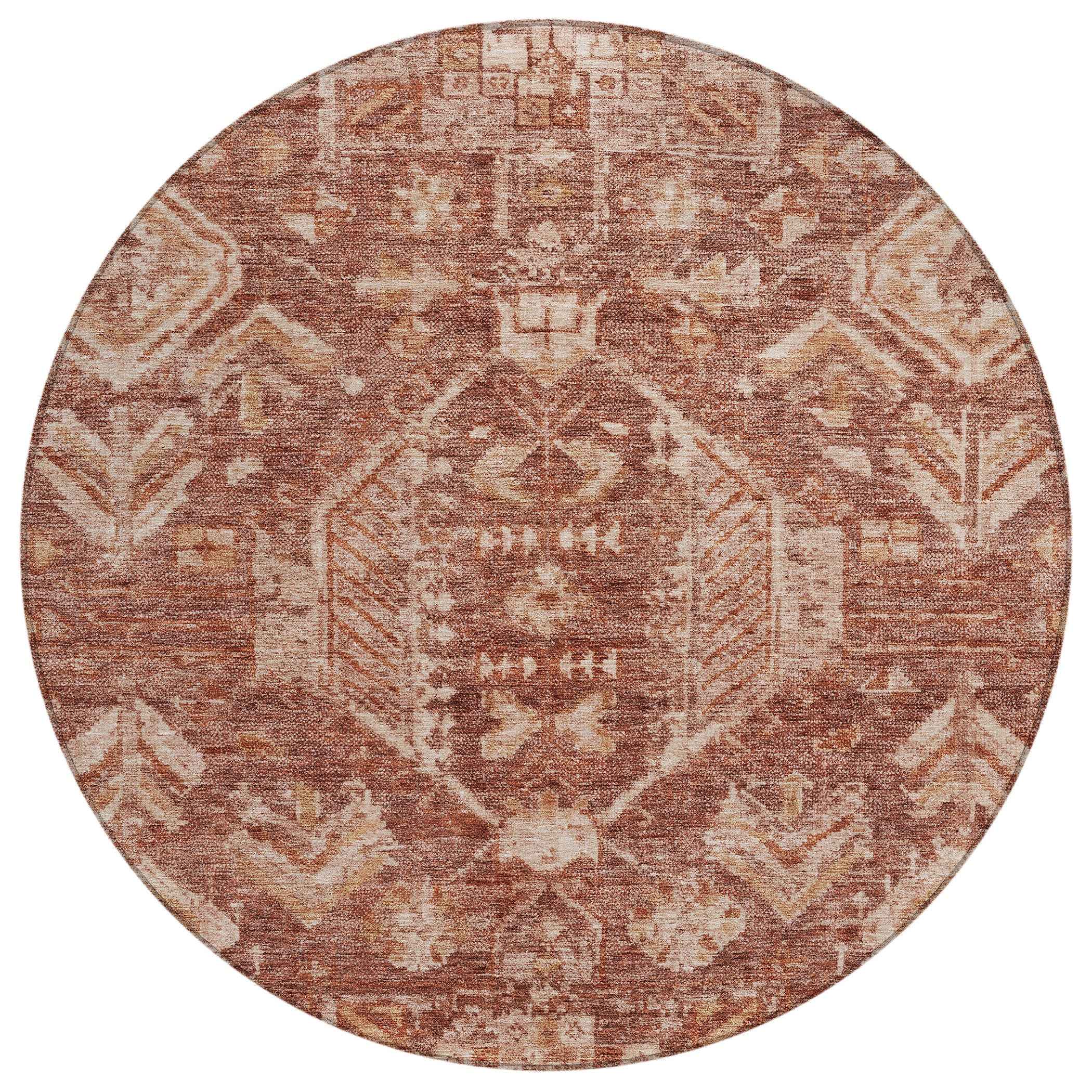 8' Rust And Beige Round Medallion Washable Indoor Outdoor Area Rug