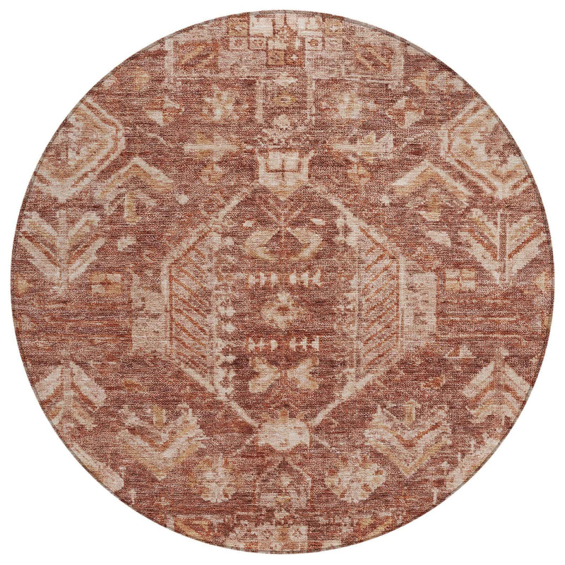8' Rust And Beige Round Medallion Washable Indoor Outdoor Area Rug
