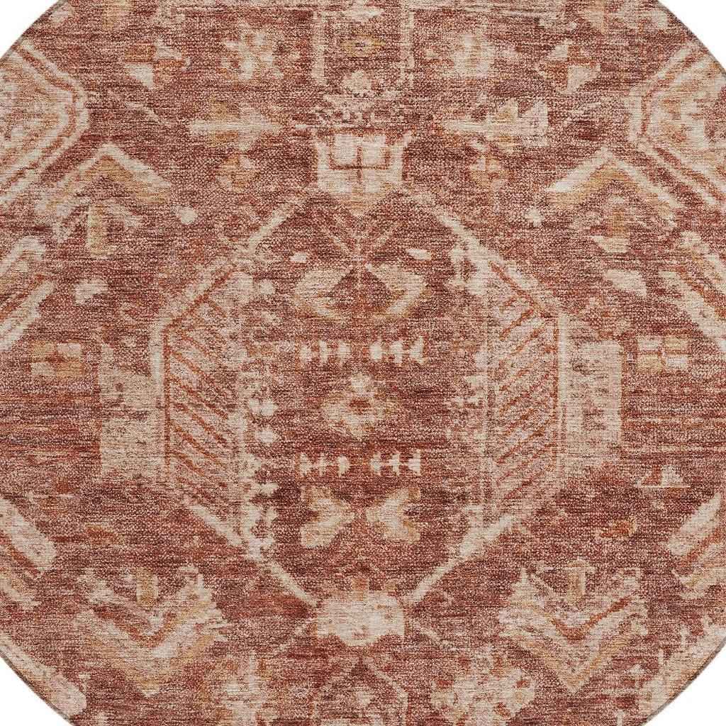 8' Rust And Beige Round Medallion Washable Indoor Outdoor Area Rug