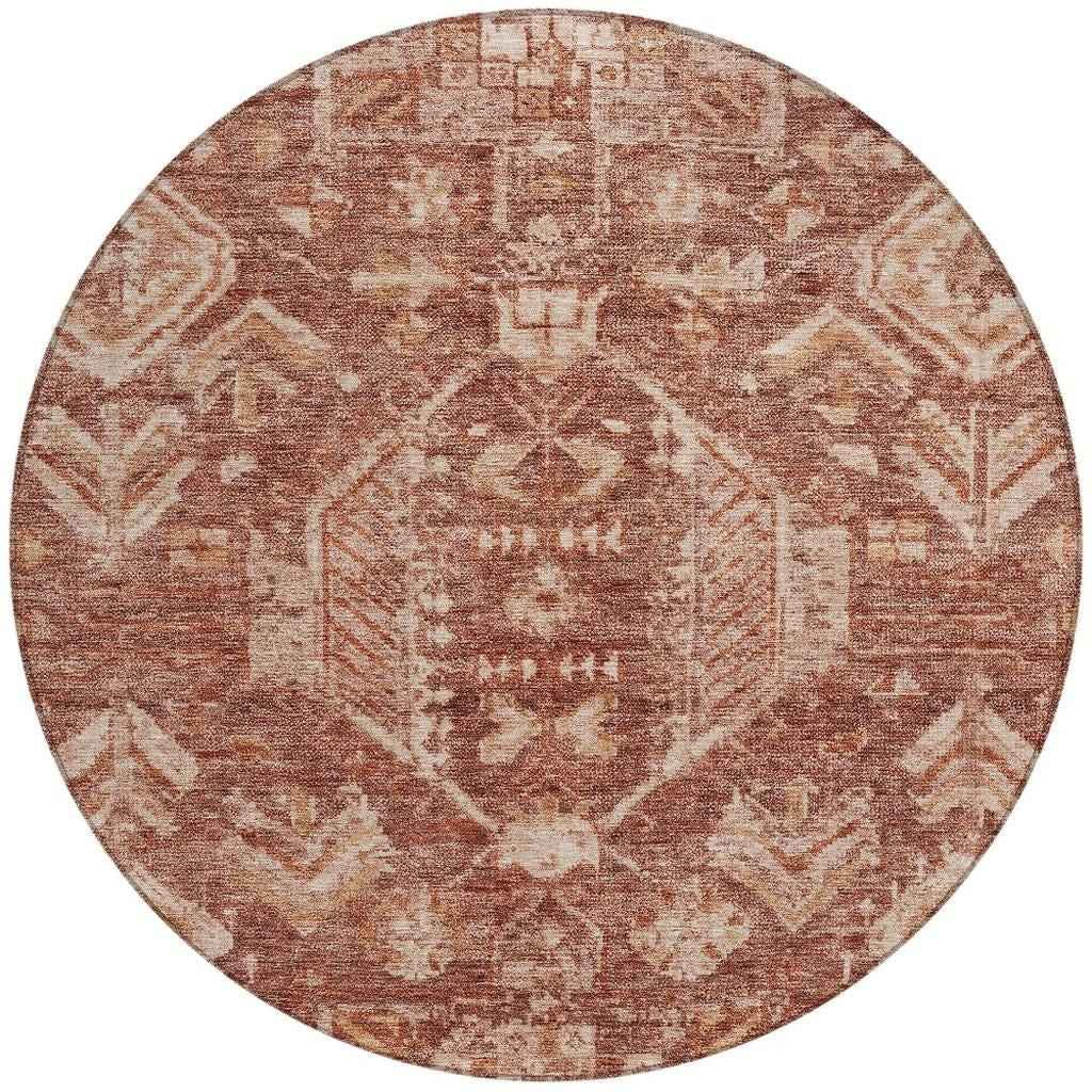8' Rust And Beige Round Medallion Washable Indoor Outdoor Area Rug