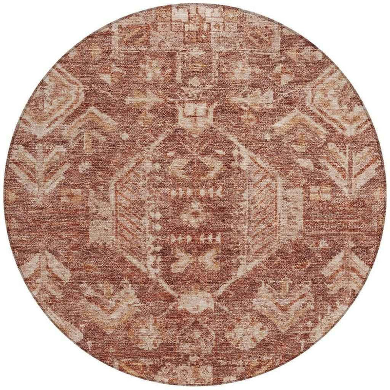 8' Rust And Beige Round Medallion Washable Indoor Outdoor Area Rug