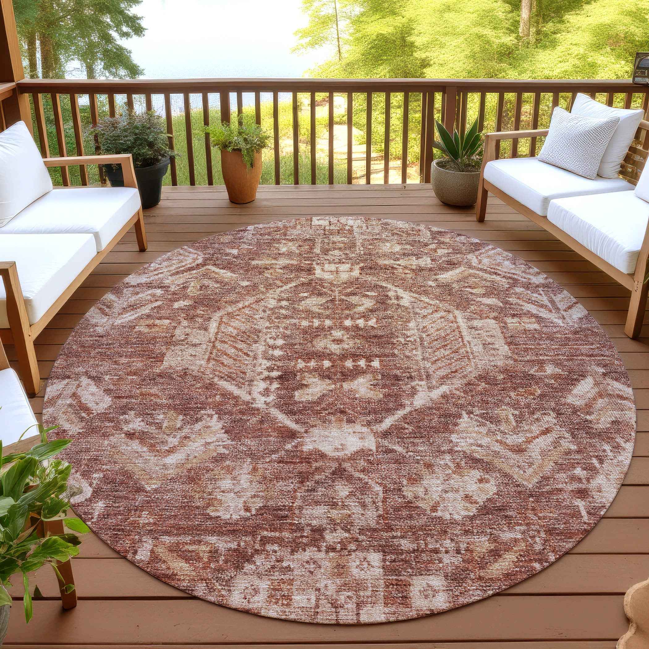 8' Rust And Beige Round Medallion Washable Indoor Outdoor Area Rug