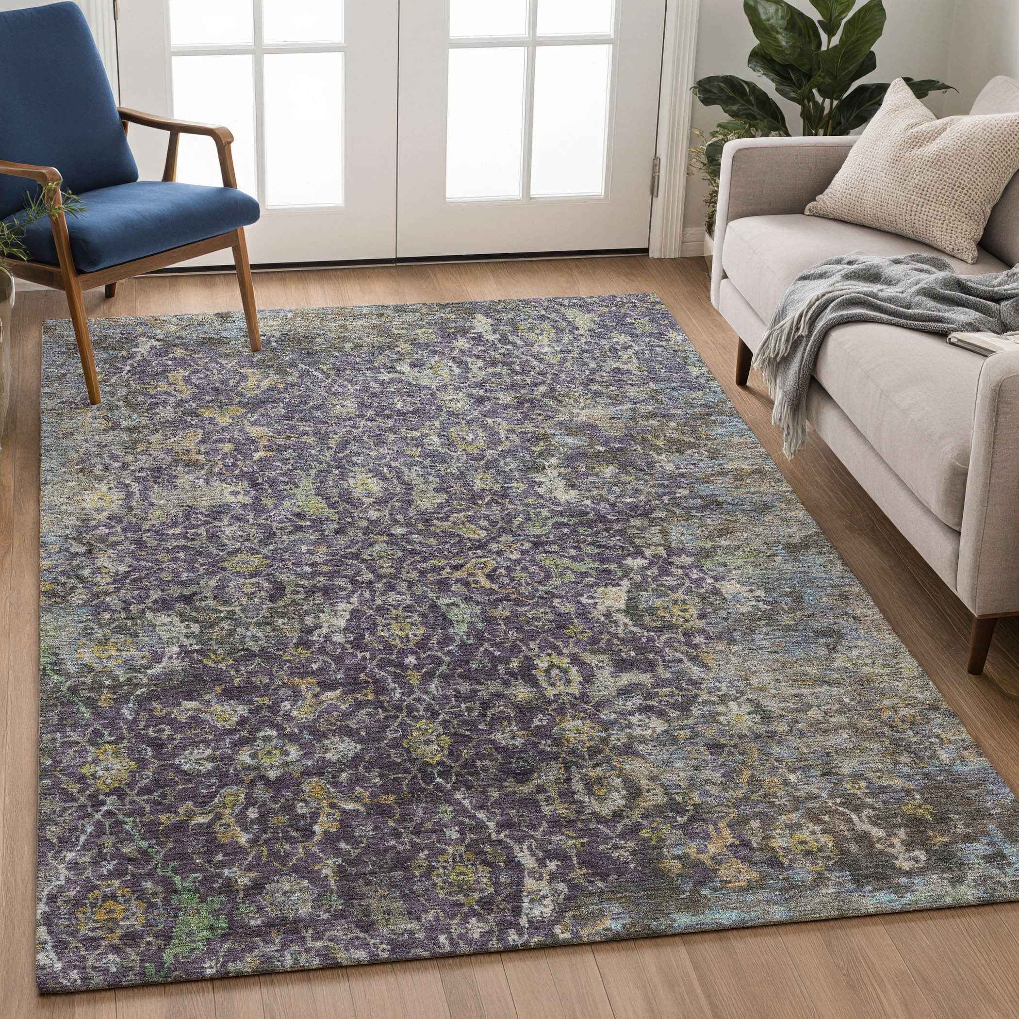 5' X 8' Plum And Gray Damask Washable Indoor Outdoor Area Rug