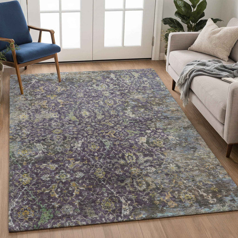 5' X 8' Plum And Gray Damask Washable Indoor Outdoor Area Rug