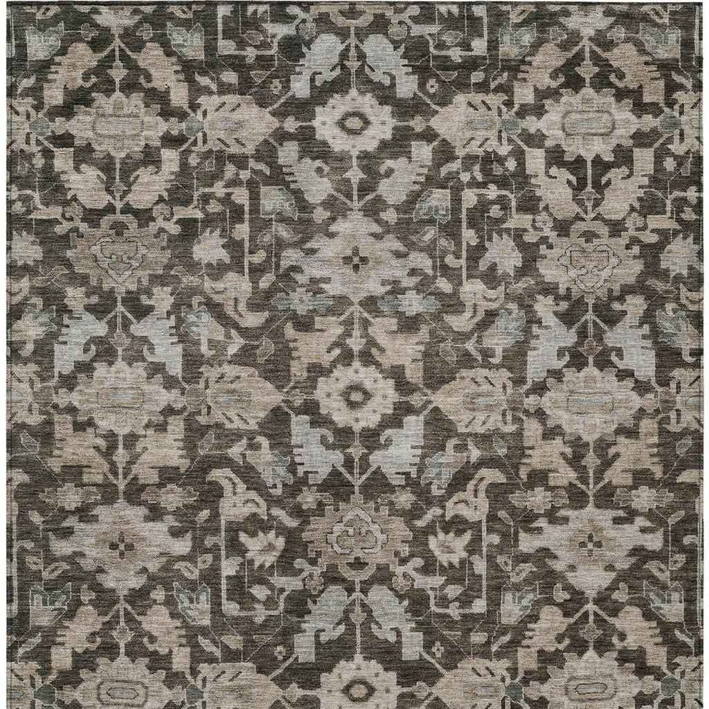 5' X 8' Chocolate And Gray Floral Washable Indoor Outdoor Area Rug