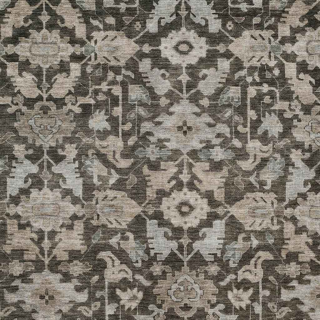 5' X 8' Chocolate And Gray Floral Washable Indoor Outdoor Area Rug