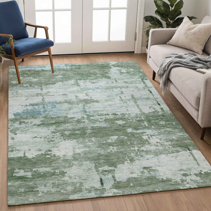 5' X 8' Artichoke Green And Ivory Abstract Washable Indoor Outdoor Area Rug
