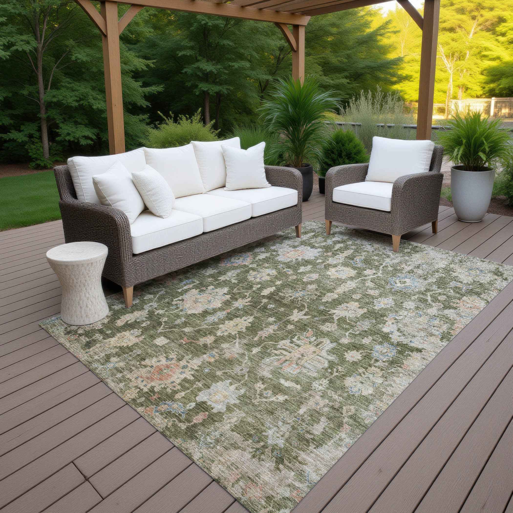5' X 8' Olive Green Beige And Blue Floral Washable Indoor Outdoor Area Rug