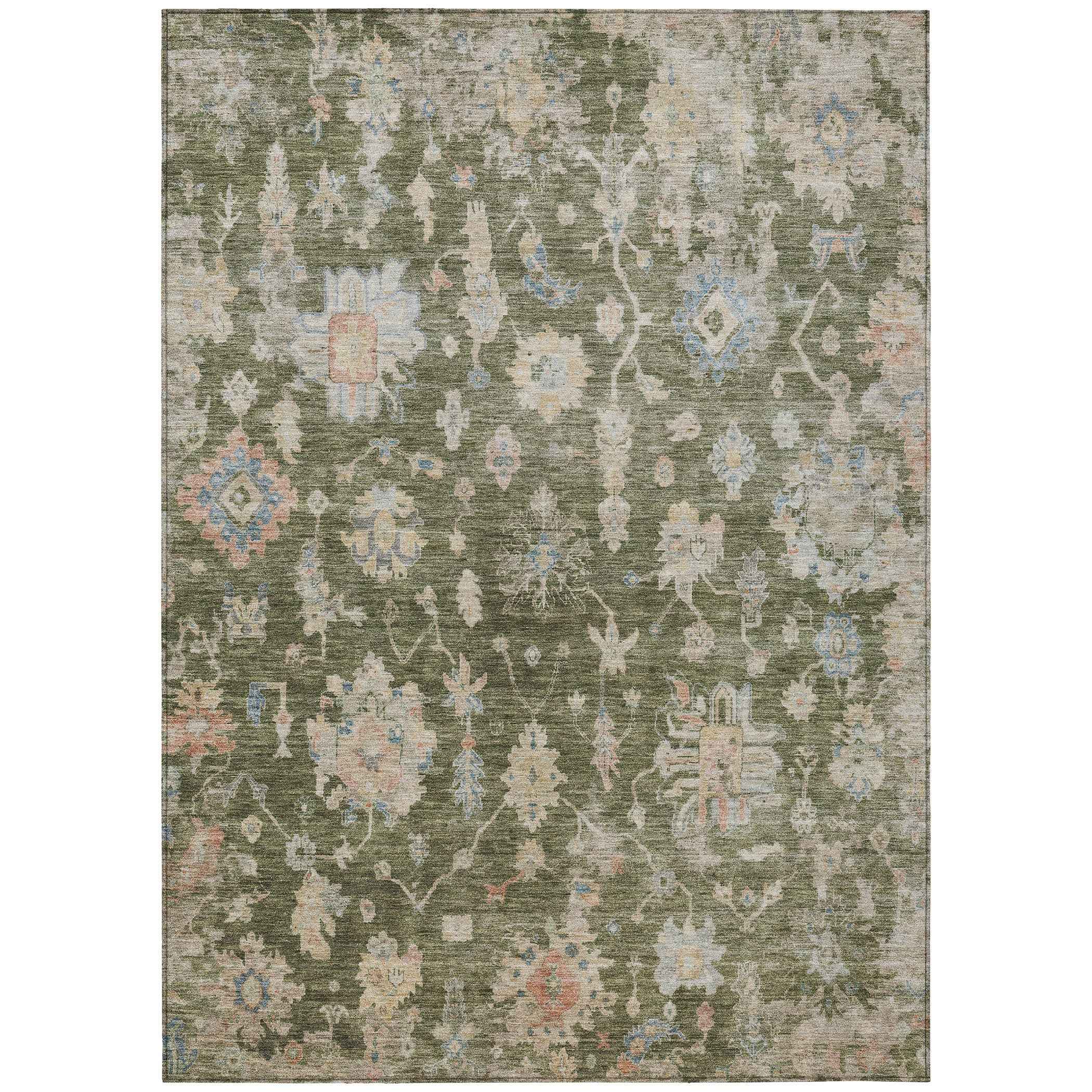 5' X 8' Olive Green Beige And Blue Floral Washable Indoor Outdoor Area Rug