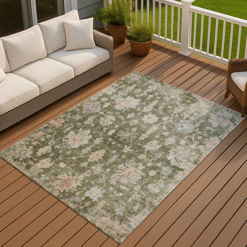 5' X 8' Olive Green Beige And Blue Floral Washable Indoor Outdoor Area Rug