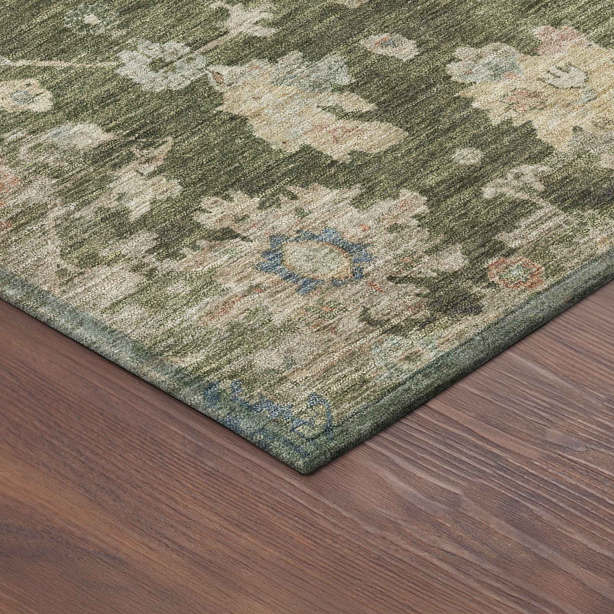 5' X 8' Olive Green Beige And Blue Floral Washable Indoor Outdoor Area Rug