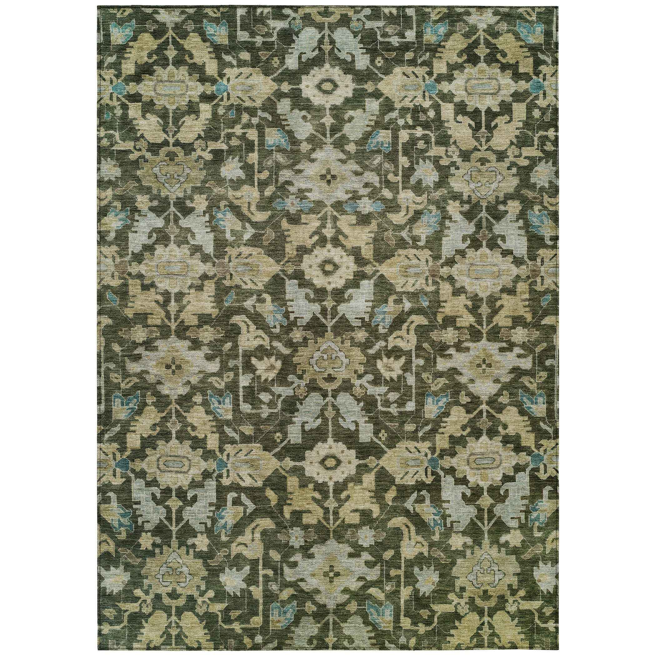 8' X 10' Olive Green Teal Blue And Gold Floral Washable Indoor Outdoor Area Rug