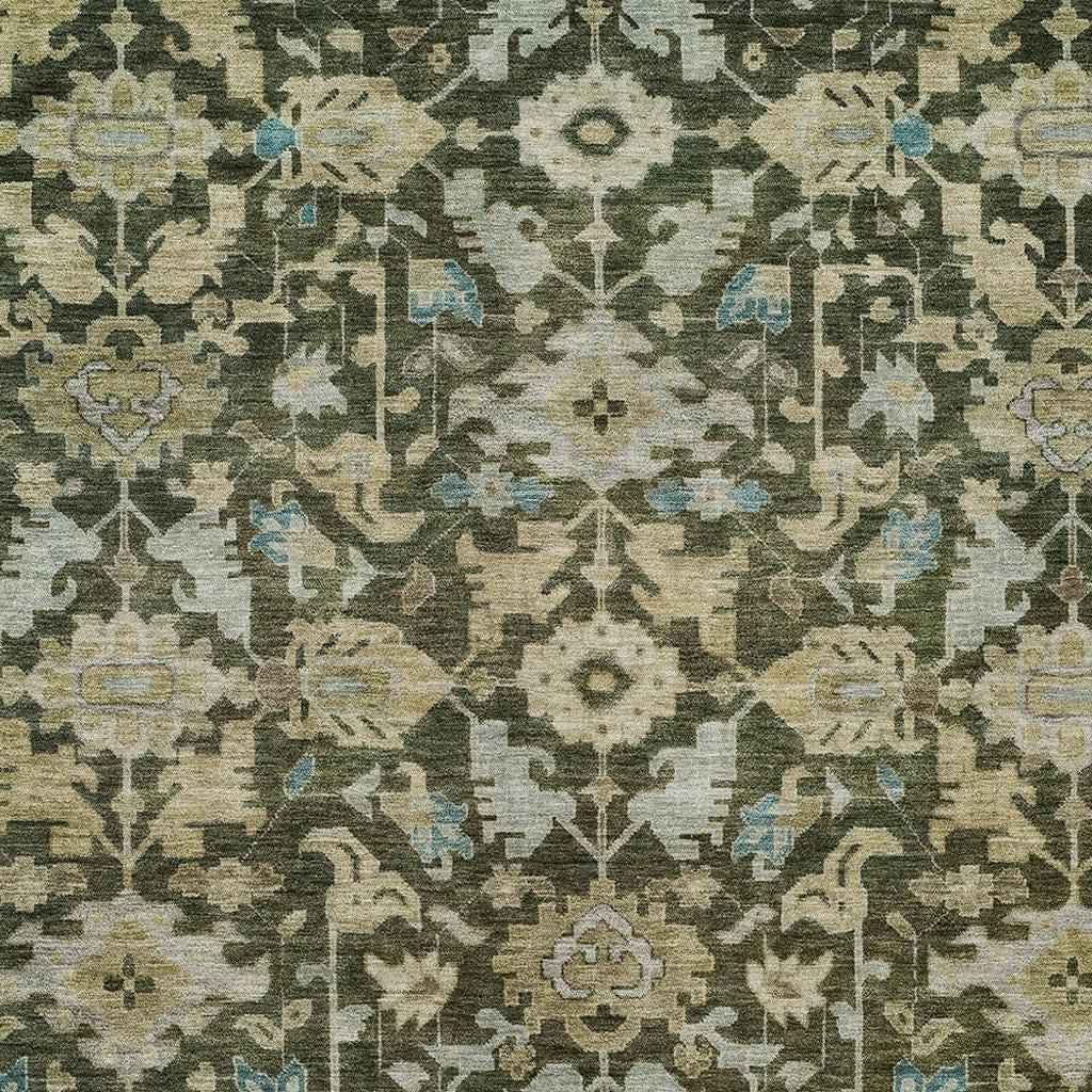 8' X 10' Olive Green Teal Blue And Gold Floral Washable Indoor Outdoor Area Rug