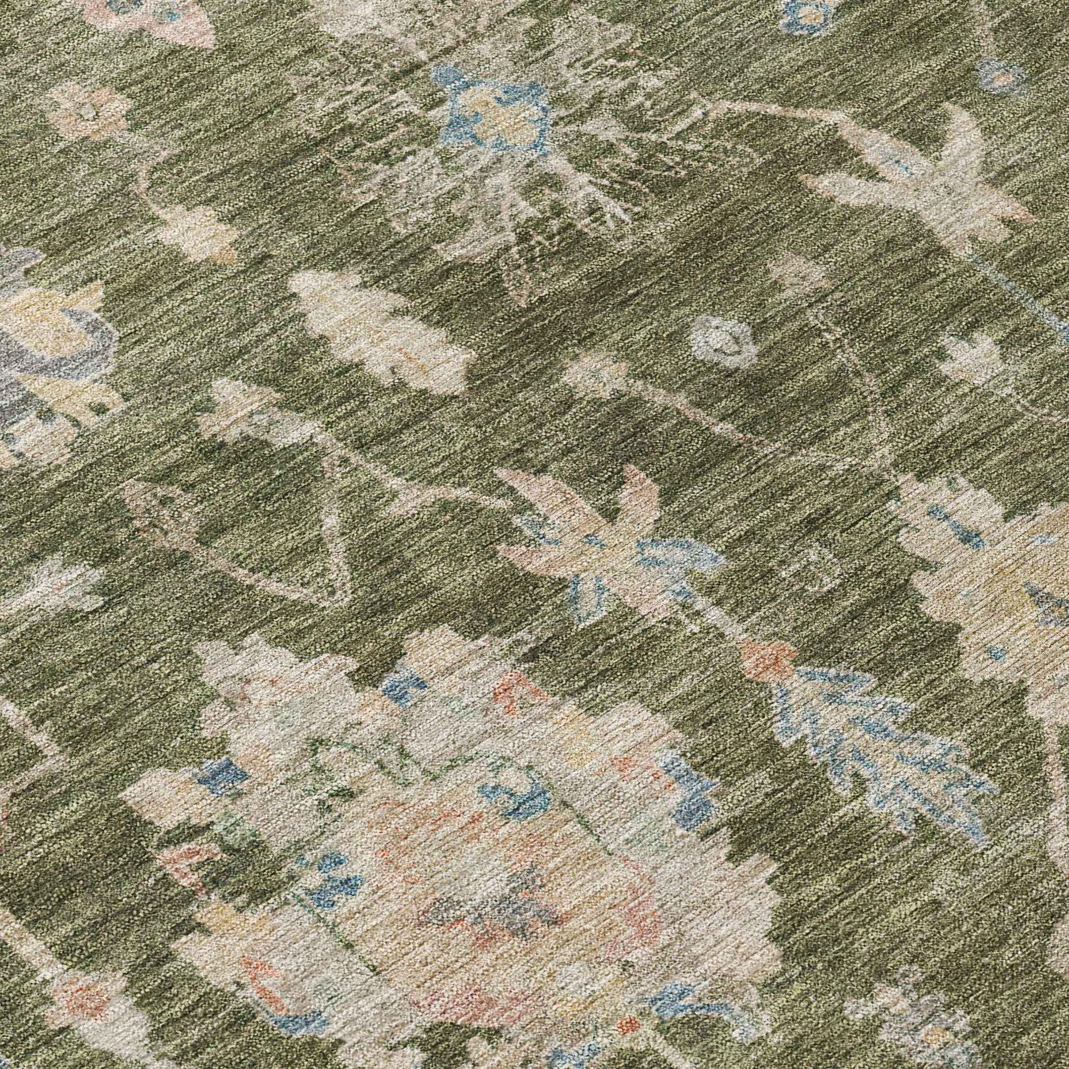 5' X 8' Olive Green Beige And Blue Floral Washable Indoor Outdoor Area Rug