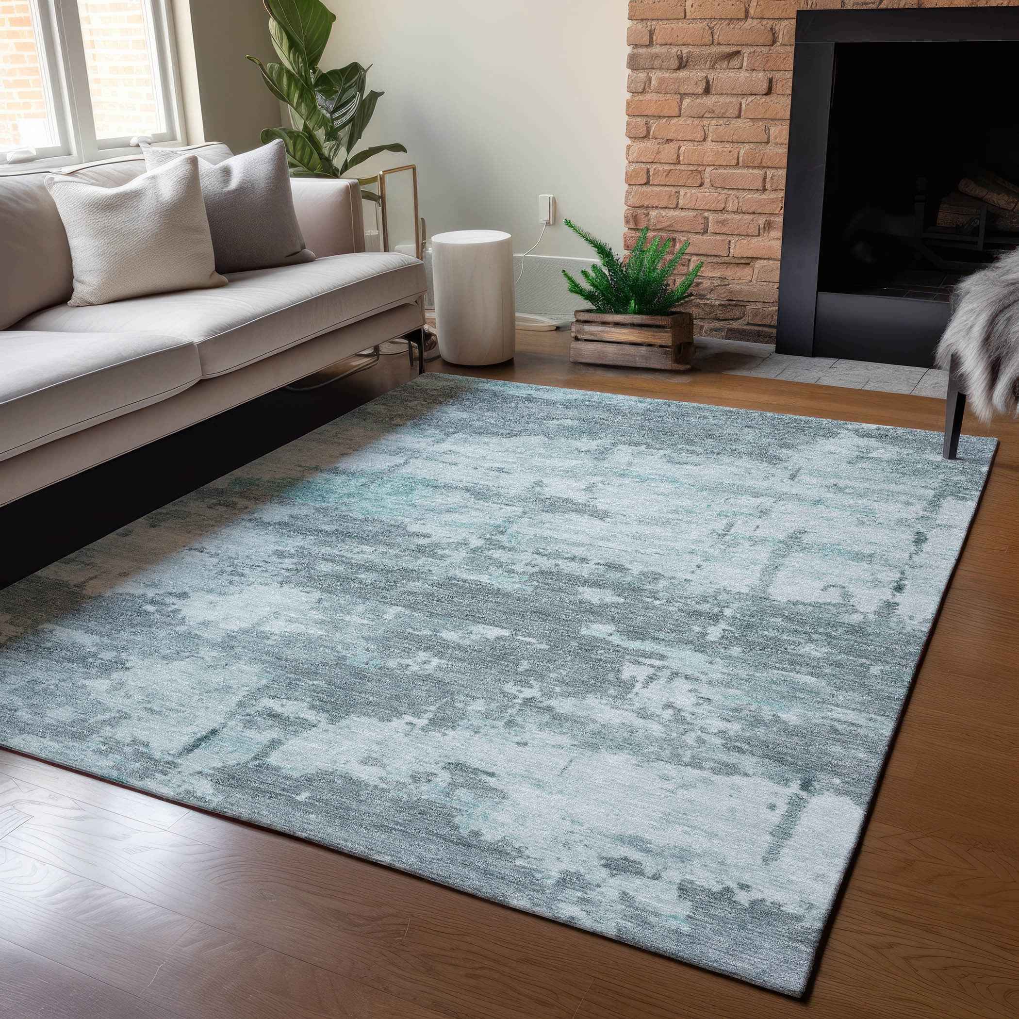 8' X 10' Aqua And Ivory Abstract Washable Indoor Outdoor Area Rug