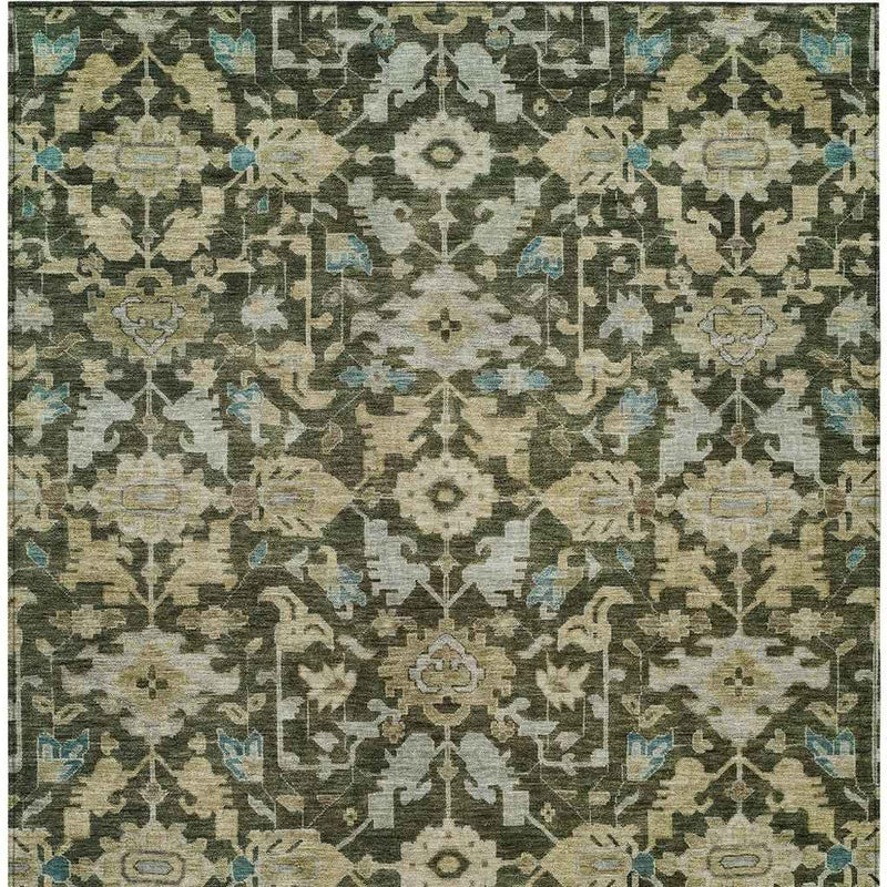 8' X 10' Olive Green Teal Blue And Gold Floral Washable Indoor Outdoor Area Rug