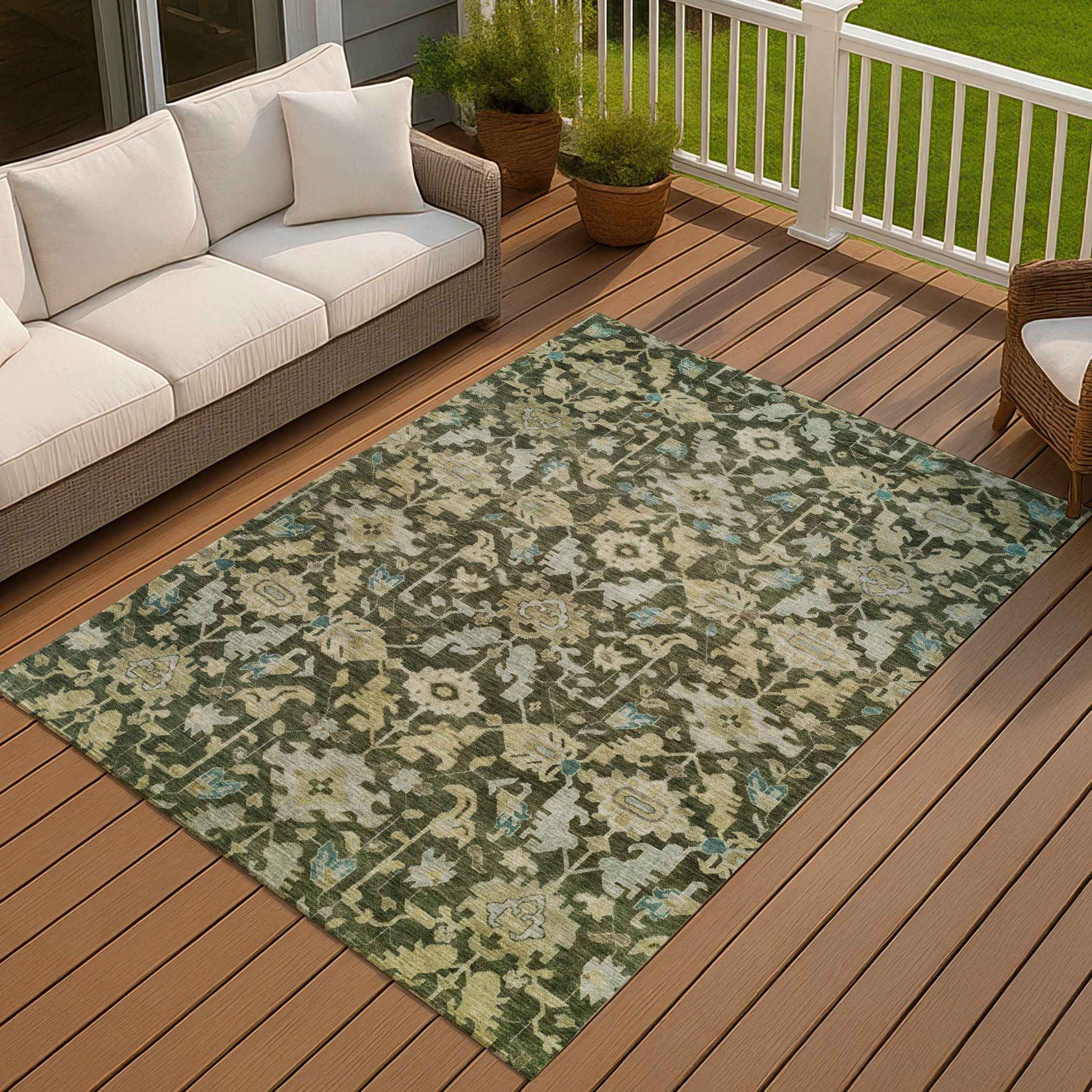 8' X 10' Olive Green Teal Blue And Gold Floral Washable Indoor Outdoor Area Rug