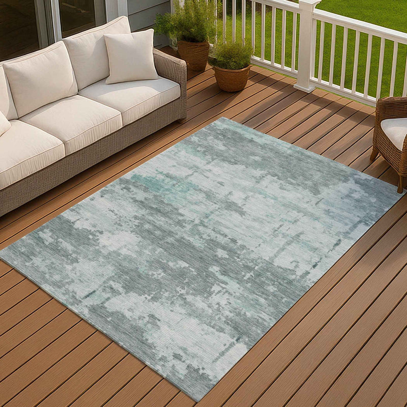 8' X 10' Aqua And Ivory Abstract Washable Indoor Outdoor Area Rug