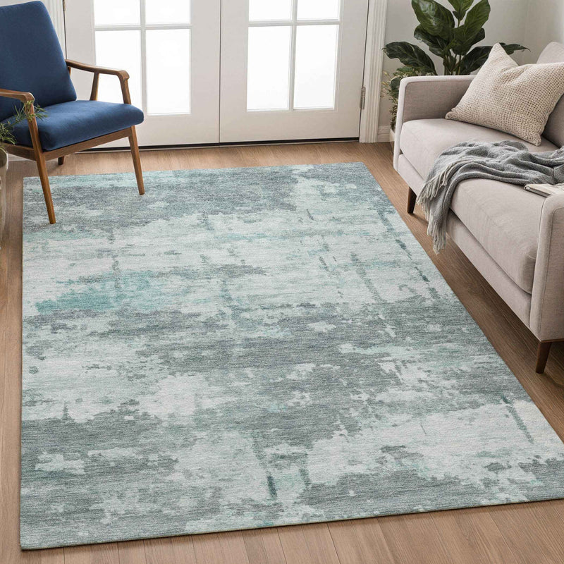 8' X 10' Aqua And Ivory Abstract Washable Indoor Outdoor Area Rug