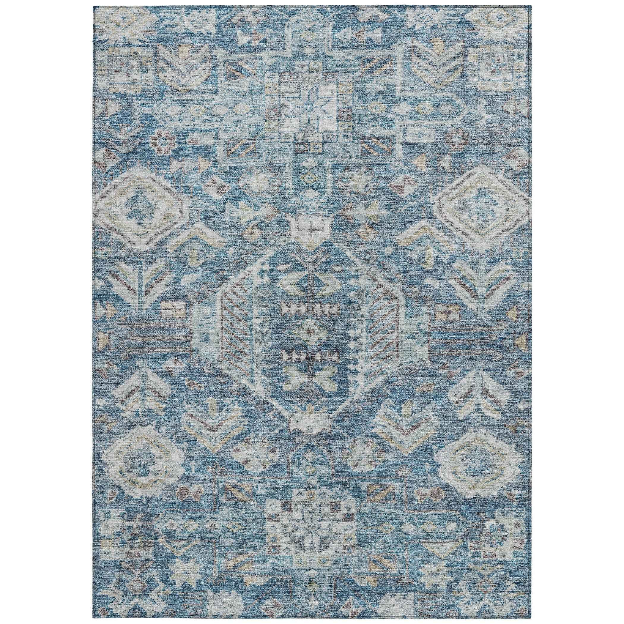 10' X 14' Denim Blue And Ivory Medallion Washable Indoor Outdoor Area Rug