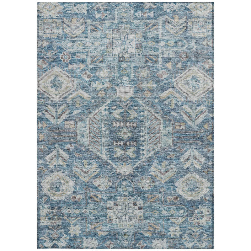 10' X 14' Denim Blue And Ivory Medallion Washable Indoor Outdoor Area Rug