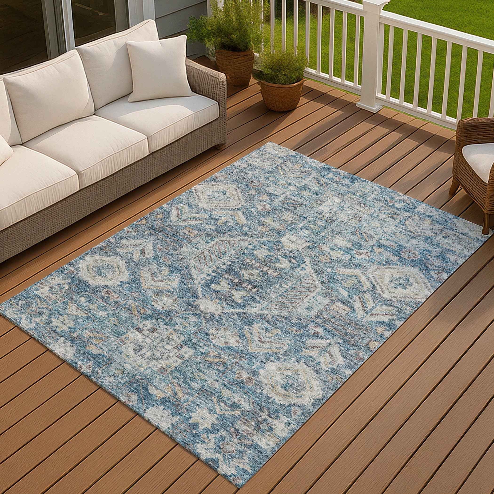 10' X 14' Denim Blue And Ivory Medallion Washable Indoor Outdoor Area Rug
