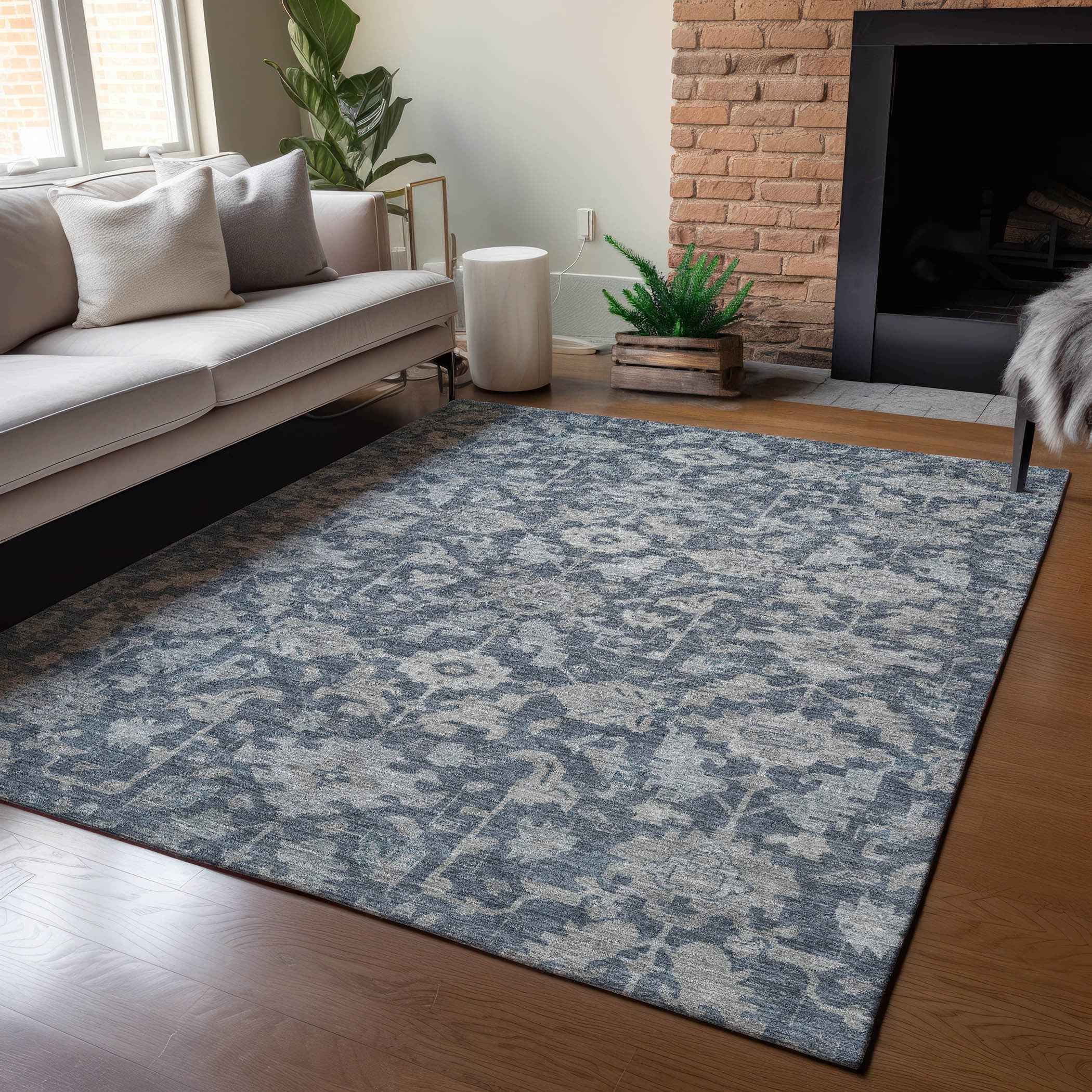 8' X 10' Denim Blue And Silver Floral Washable Indoor Outdoor Area Rug
