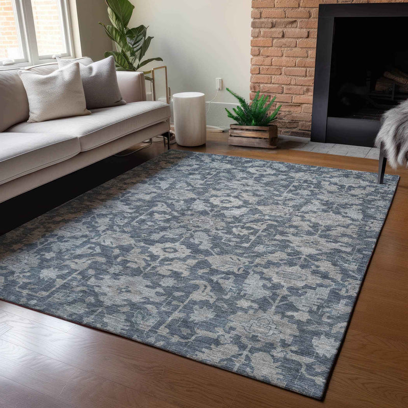 8' X 10' Denim Blue And Silver Floral Washable Indoor Outdoor Area Rug