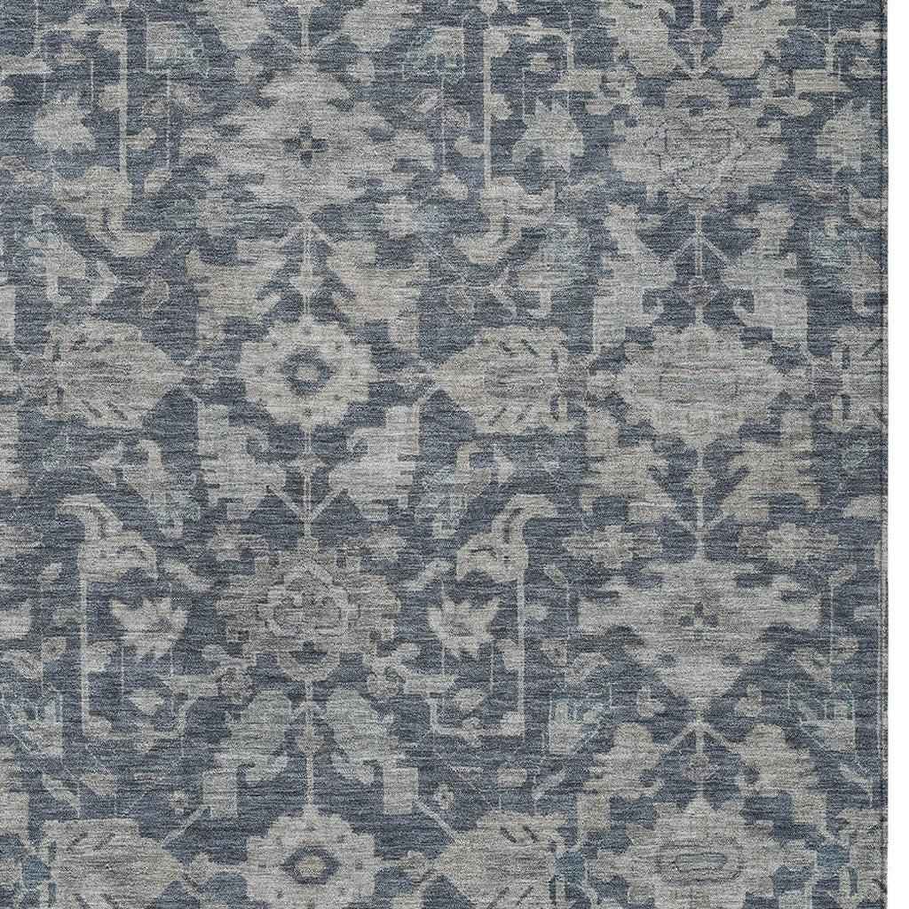 8' X 10' Denim Blue And Silver Floral Washable Indoor Outdoor Area Rug