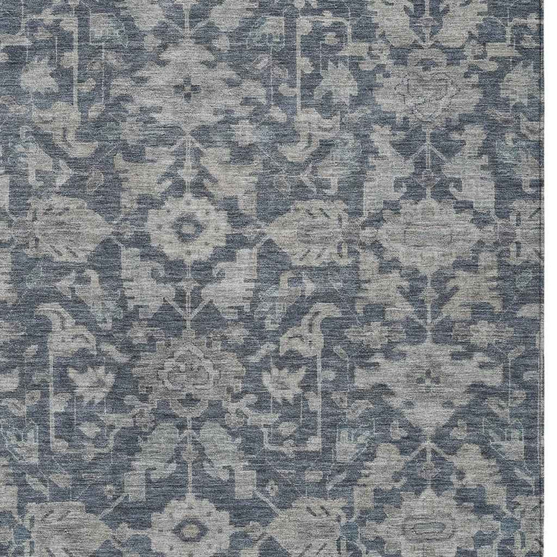 8' X 10' Denim Blue And Silver Floral Washable Indoor Outdoor Area Rug