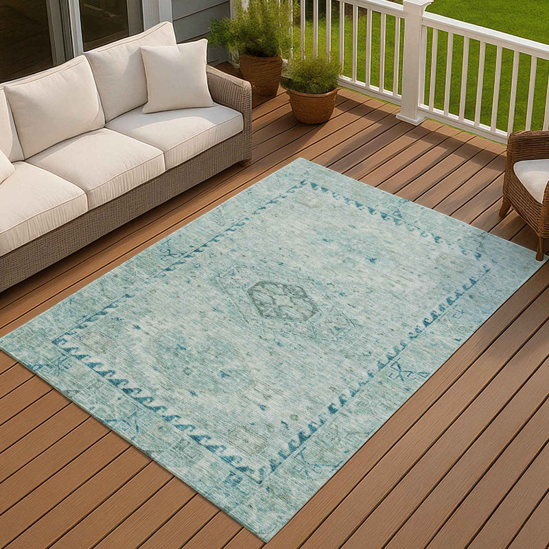 10' X 14' Aqua And Teal Blue Medallion Washable Indoor Outdoor Area Rug