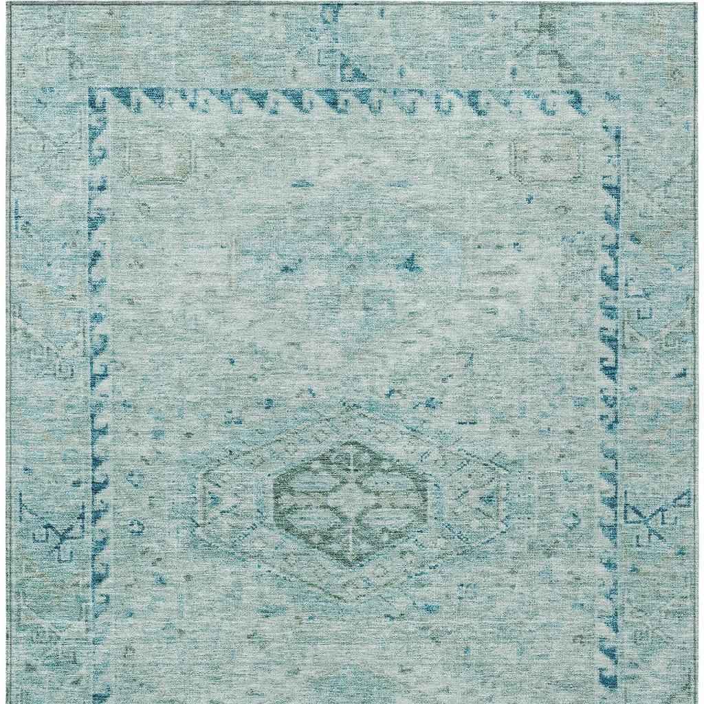10' X 14' Aqua And Teal Blue Medallion Washable Indoor Outdoor Area Rug
