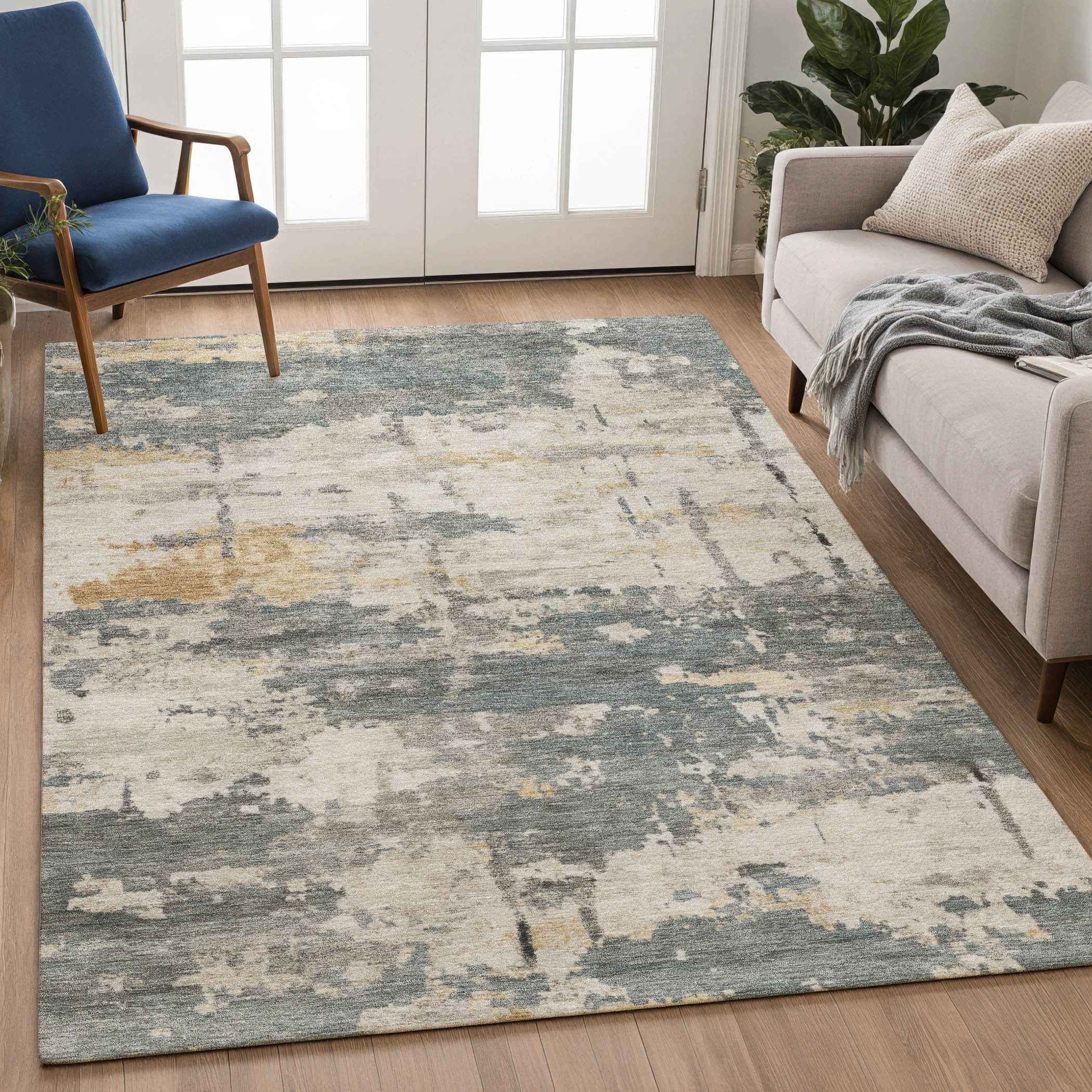 5' X 8' Artichoke Green Gold And Ivory Abstract Washable Indoor Outdoor Area Rug