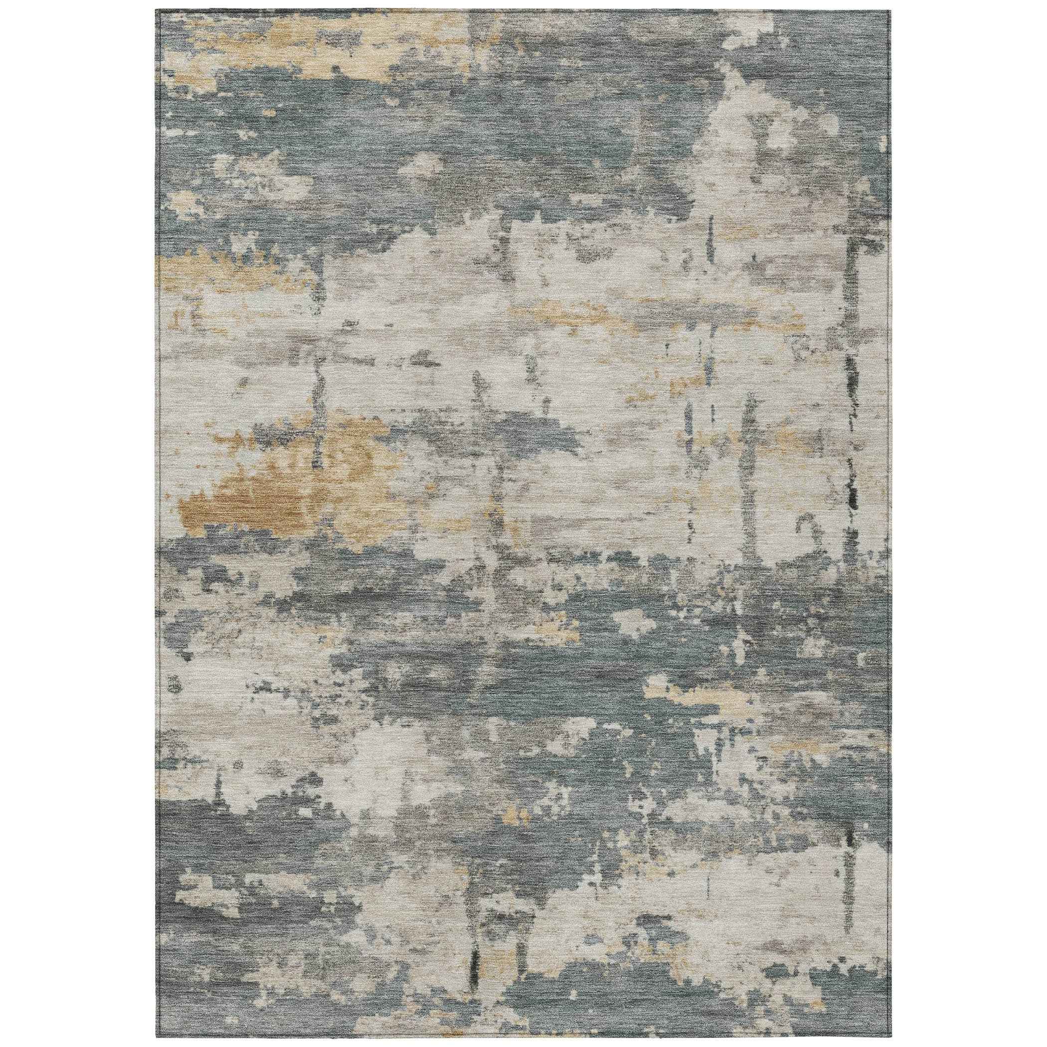 5' X 8' Artichoke Green Gold And Ivory Abstract Washable Indoor Outdoor Area Rug