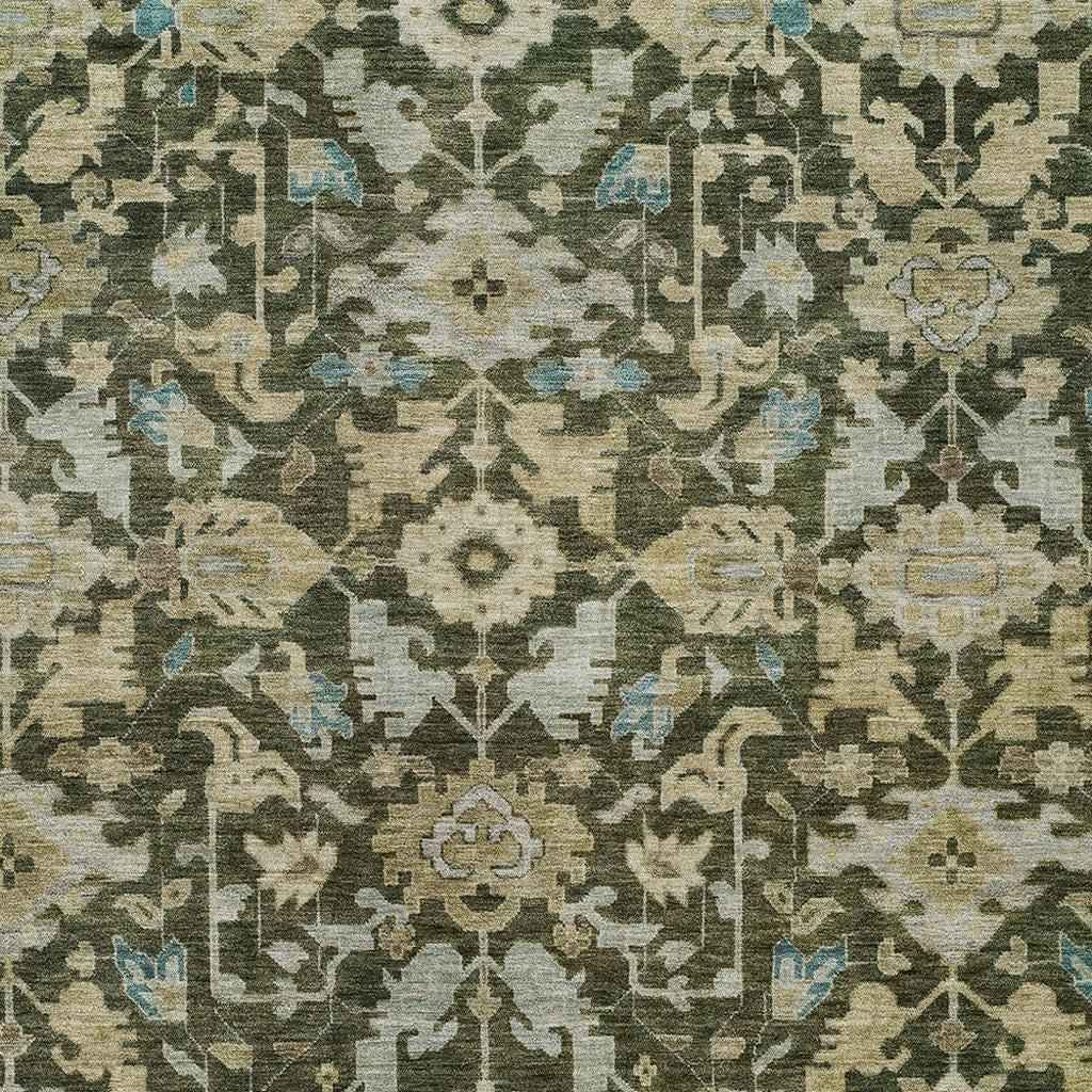 10' X 14' Olive Green Teal Blue And Gold Floral Washable Indoor Outdoor Area Rug