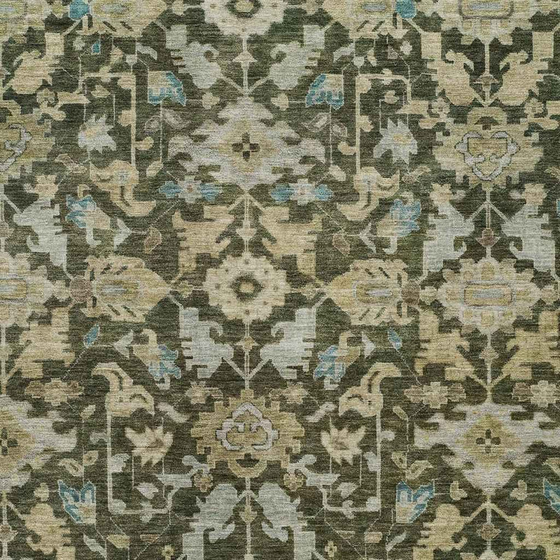 10' X 14' Olive Green Teal Blue And Gold Floral Washable Indoor Outdoor Area Rug