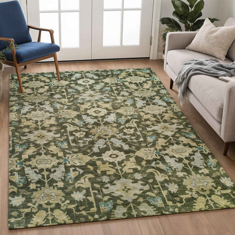 10' X 14' Olive Green Teal Blue And Gold Floral Washable Indoor Outdoor Area Rug