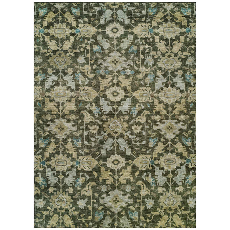 10' X 14' Olive Green Teal Blue And Gold Floral Washable Indoor Outdoor Area Rug