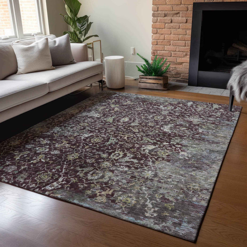 9' X 12' Burgundy And Gray Damask Washable Indoor Outdoor Area Rug