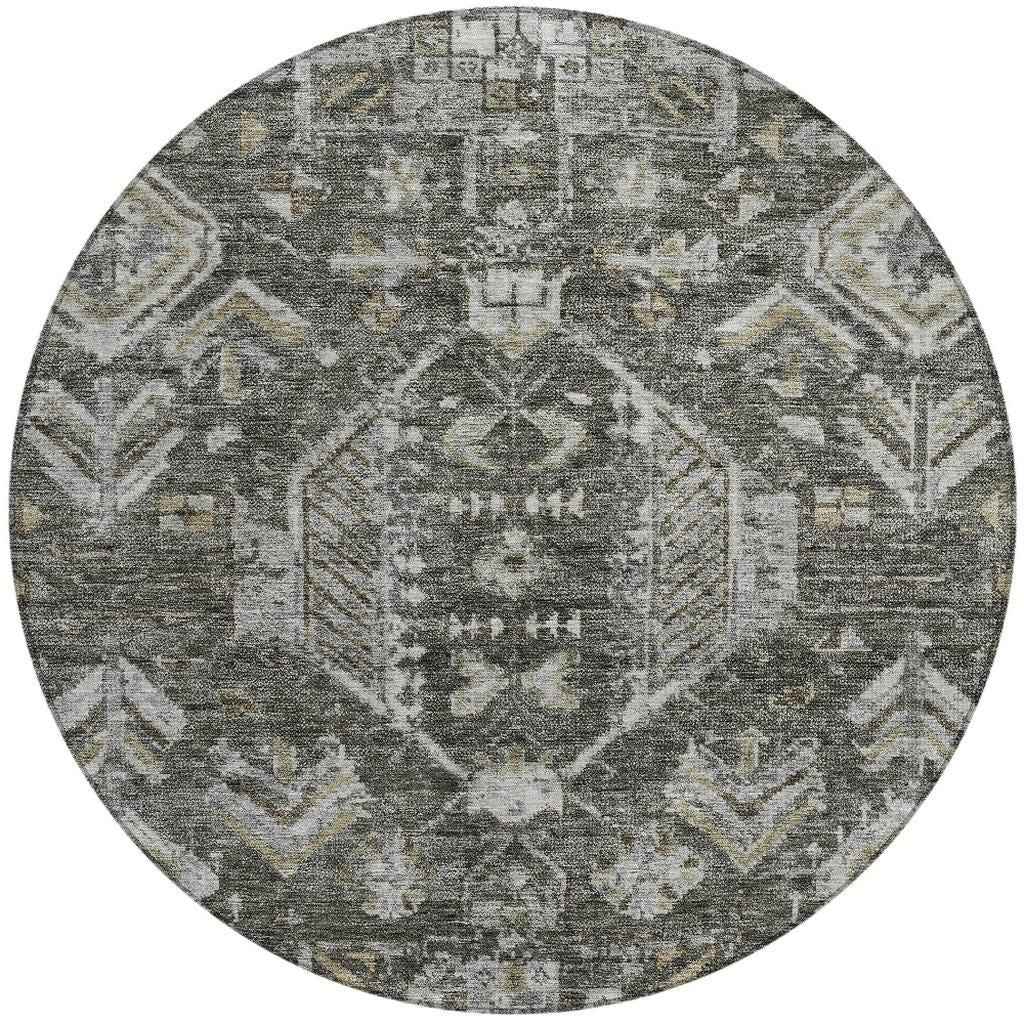 8' Pewter And Silver Round Medallion Washable Indoor Outdoor Area Rug
