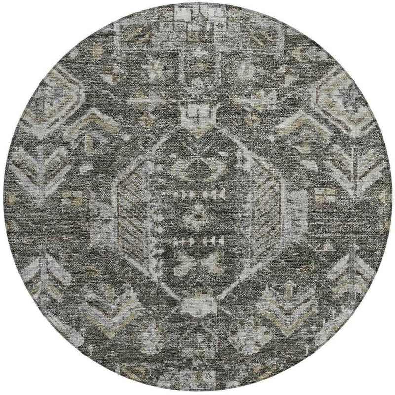 8' Pewter And Silver Round Medallion Washable Indoor Outdoor Area Rug