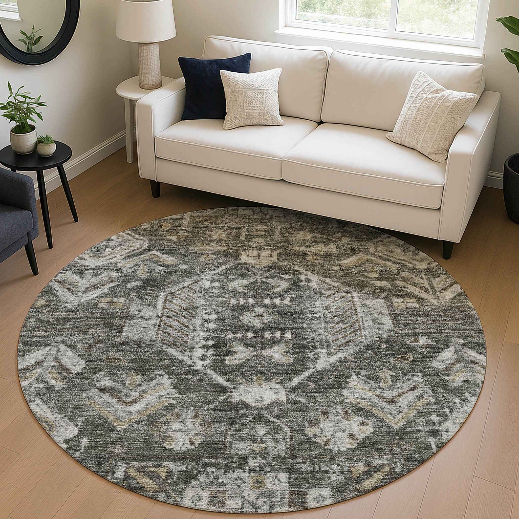 8' Pewter And Silver Round Medallion Washable Indoor Outdoor Area Rug