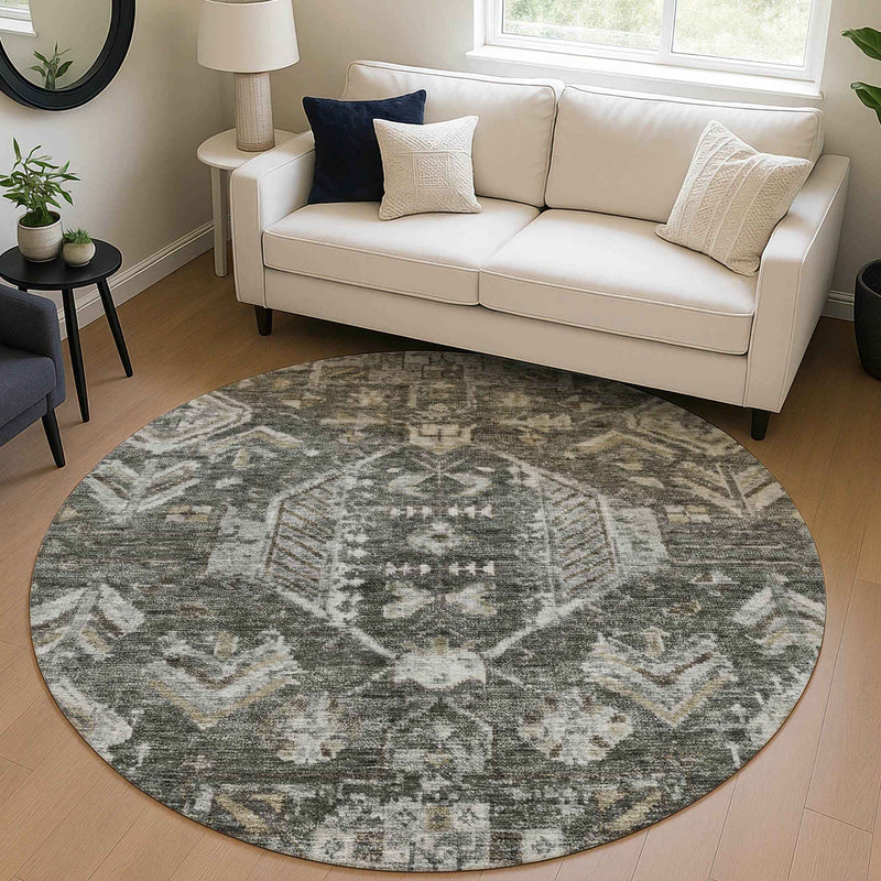 8' Pewter And Silver Round Medallion Washable Indoor Outdoor Area Rug