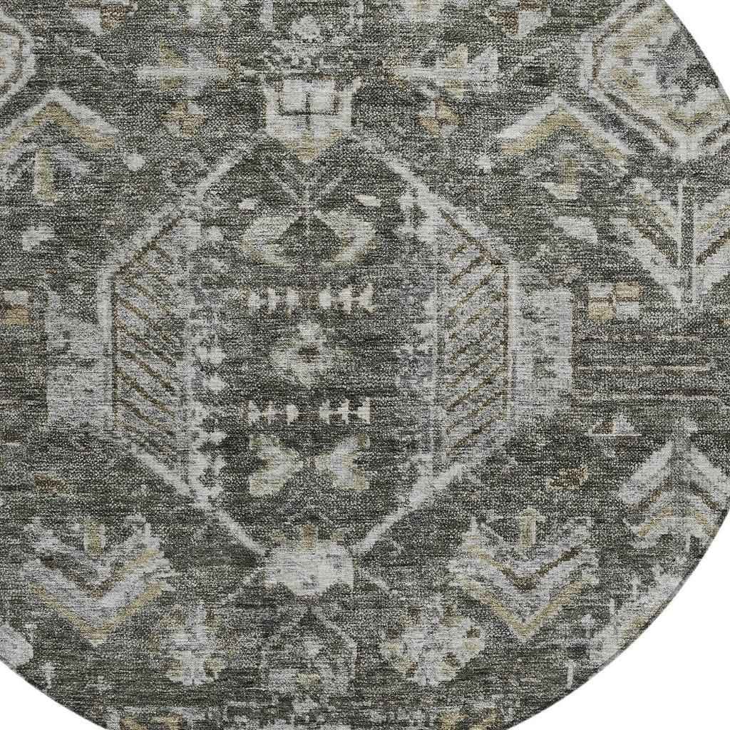 8' Pewter And Silver Round Medallion Washable Indoor Outdoor Area Rug